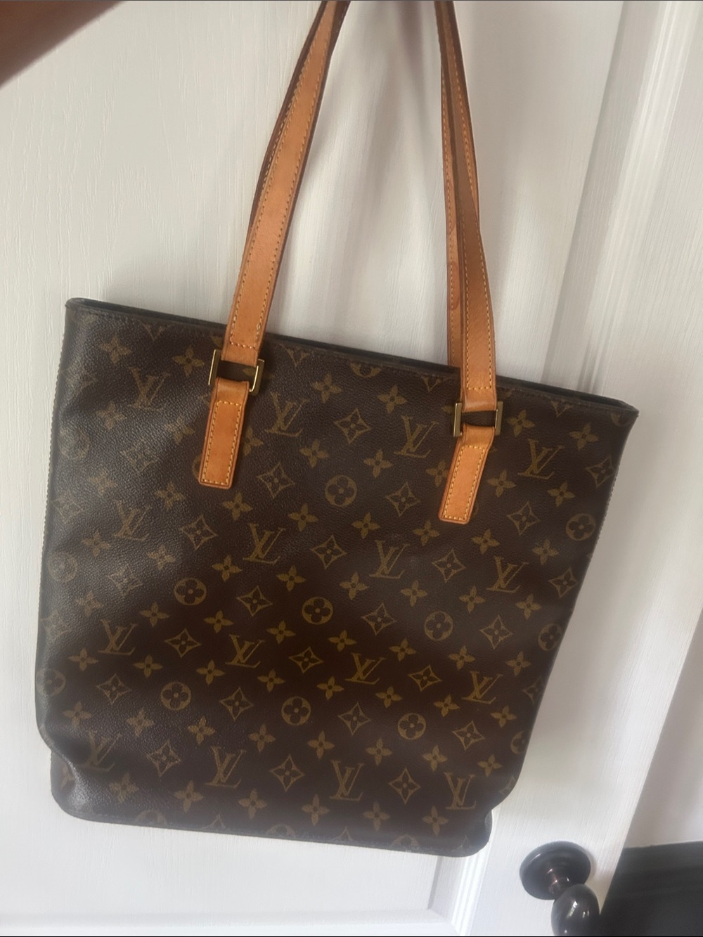Louis Vuitton Brown Monogram Canvas Tote with Tan Leather Straps